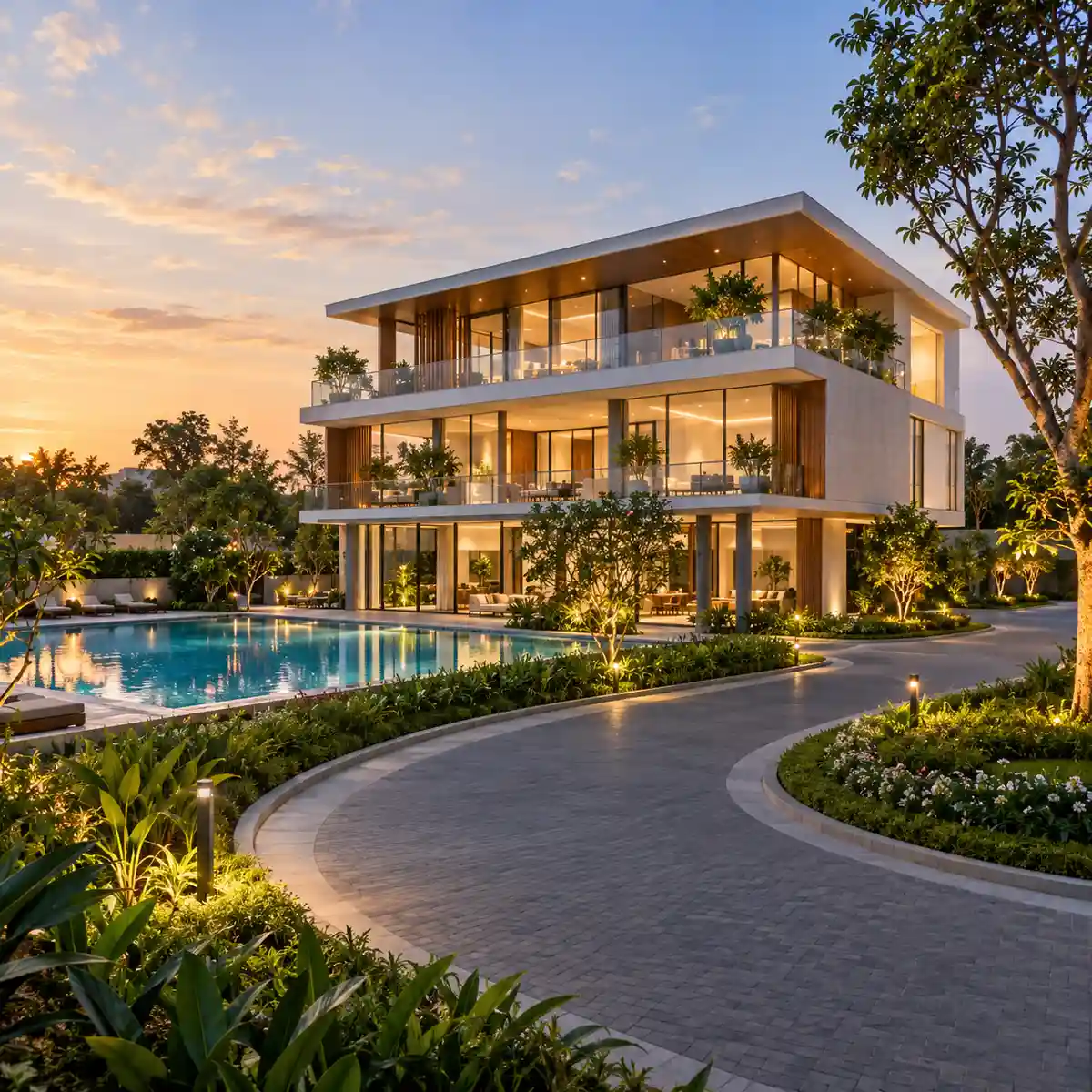 Vaishnavi Villas Sarjapur Road three-level club house with a swimming pool beside it, artist's impression