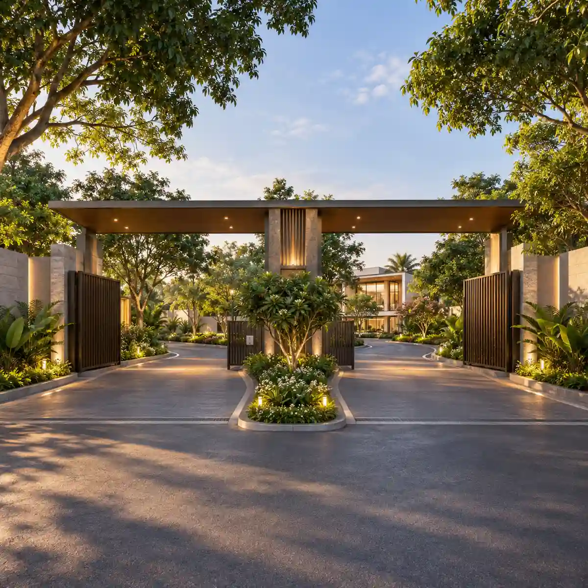 Vaishnavi Villas Sarjapur Road gated entry and exit on a tree-lined road, artist's impression